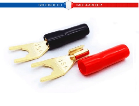 Paire de cosses fourche dorées pour haut-parleur à sertir ou à souder cable jusqu'à 4 mm²