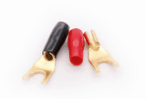 Paire de cosses fourche dorées pour haut-parleur à sertir ou à souder cable jusqu'à 4 mm²